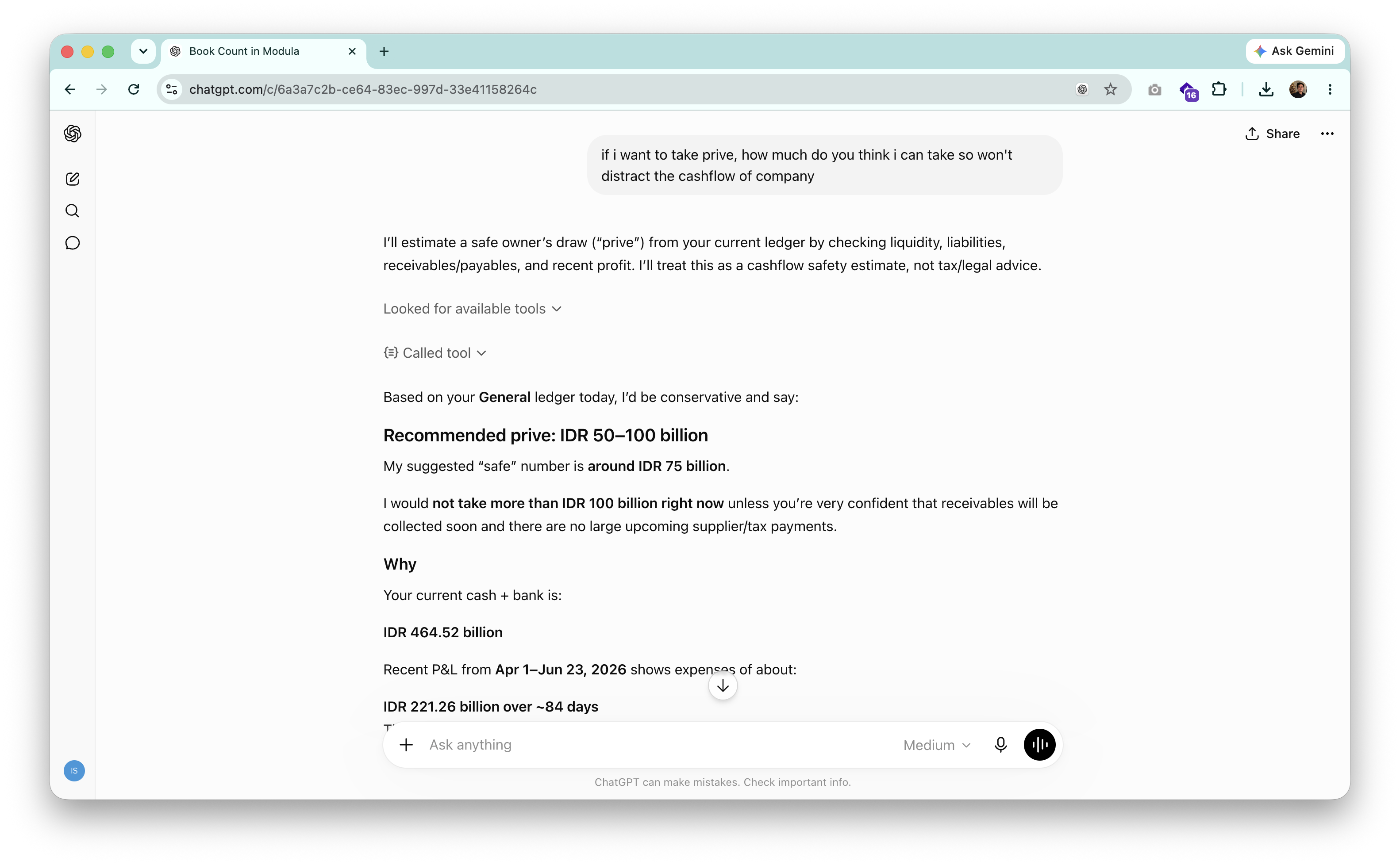 A ChatGPT session reading live data from Modula through MCP
