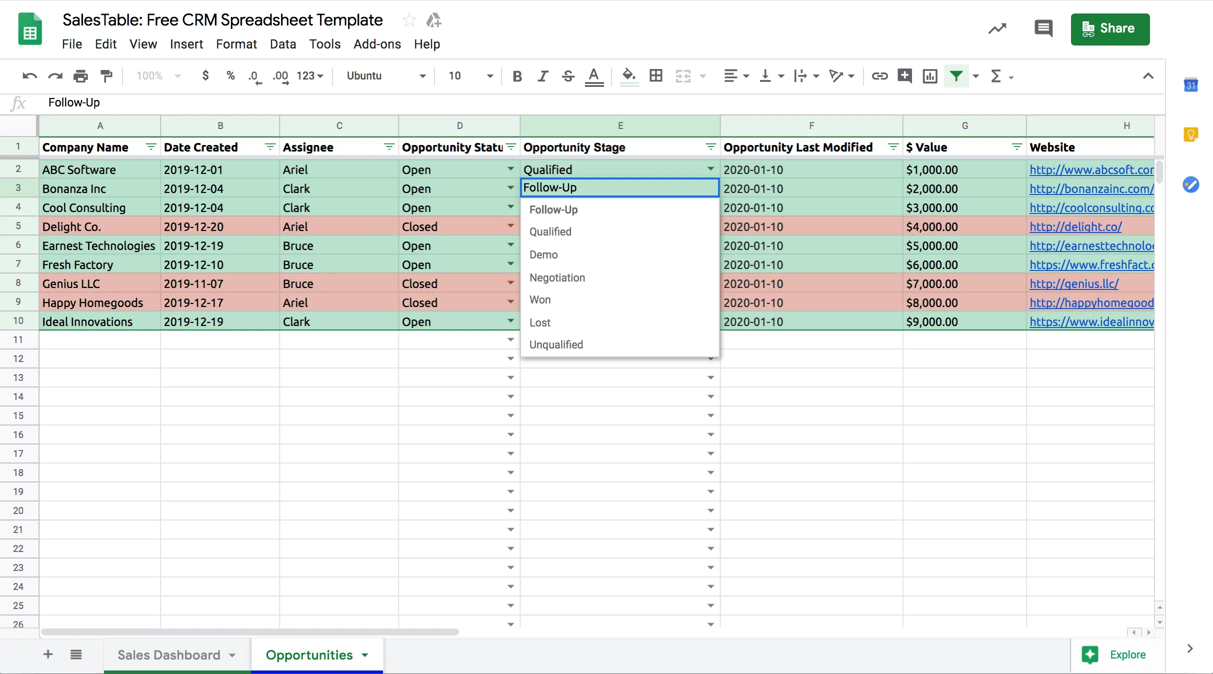A Google Sheets CRM dashboard used to track leads and follow-ups
