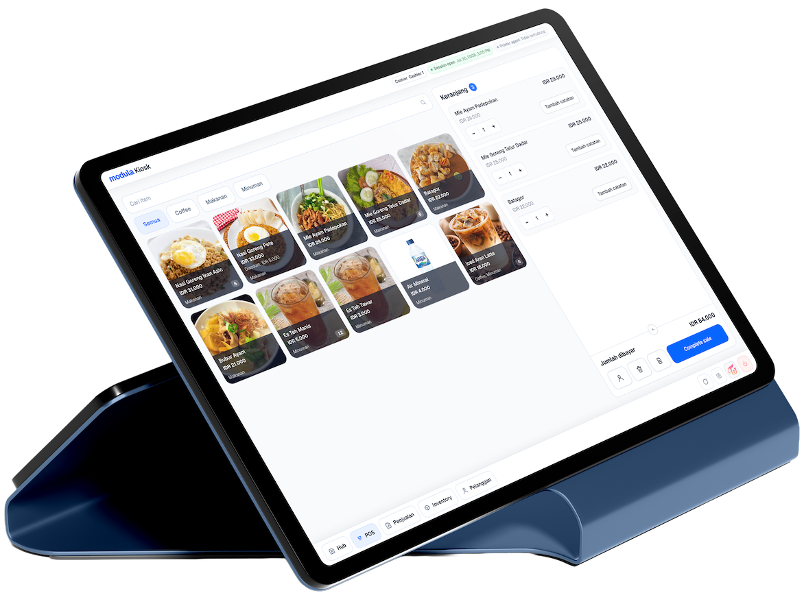 Modula Kiosk point of sale (POS) cashier system with product grid, cart, and checkout
