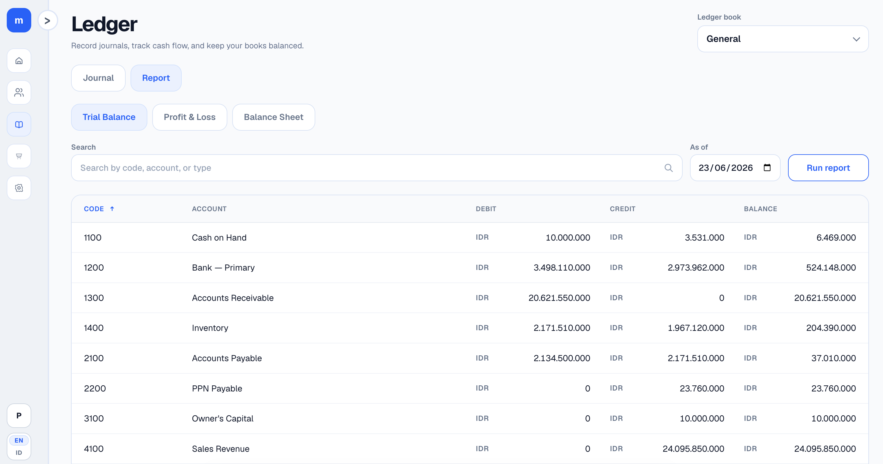 Modula Ledger journal list with posted entries and account balances