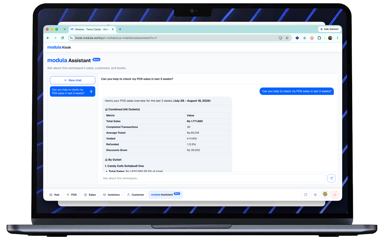 Asking today’s sales in modula Assistant on a laptop