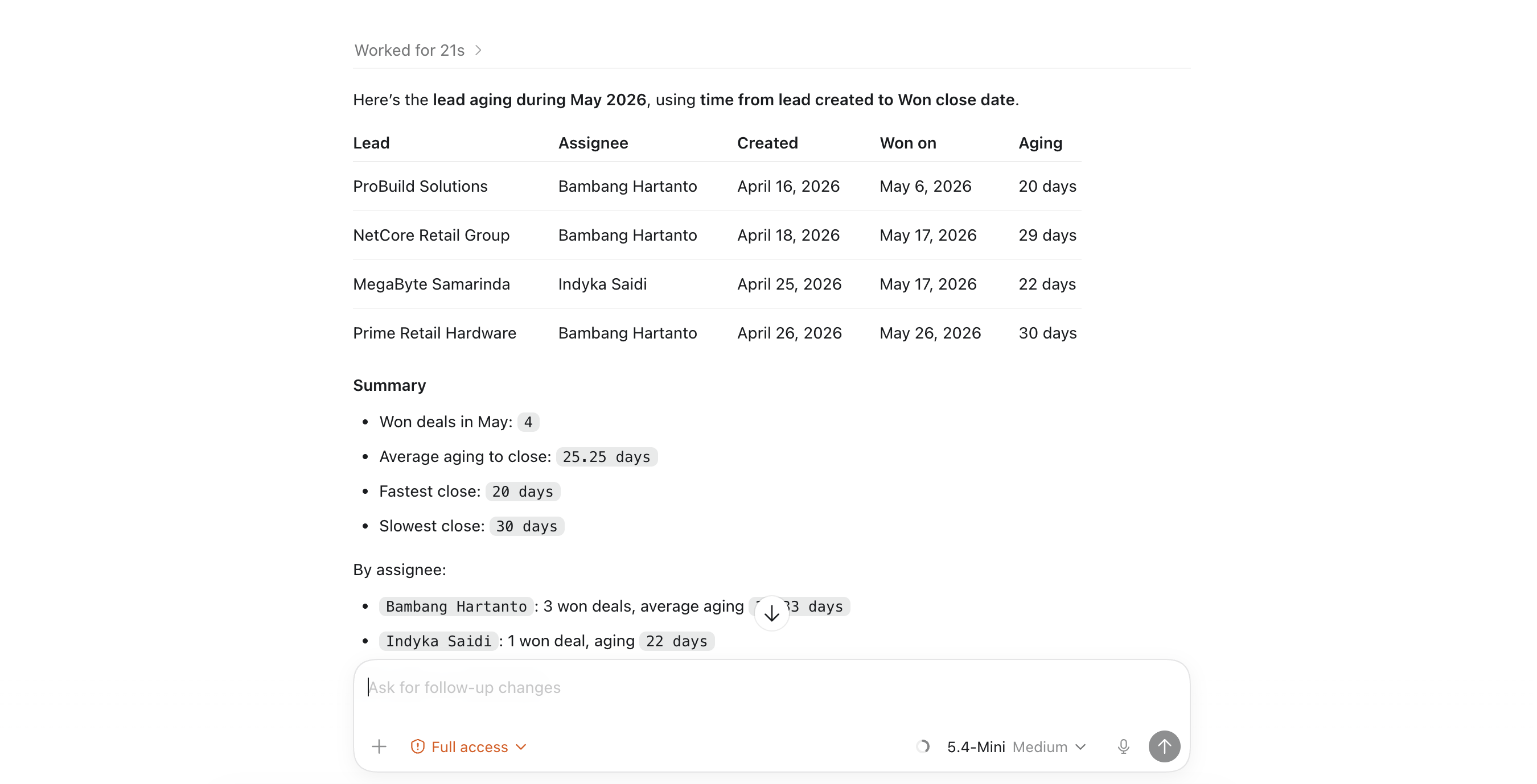 AI menganalisis aging lead dan insight pipeline Modula CRM