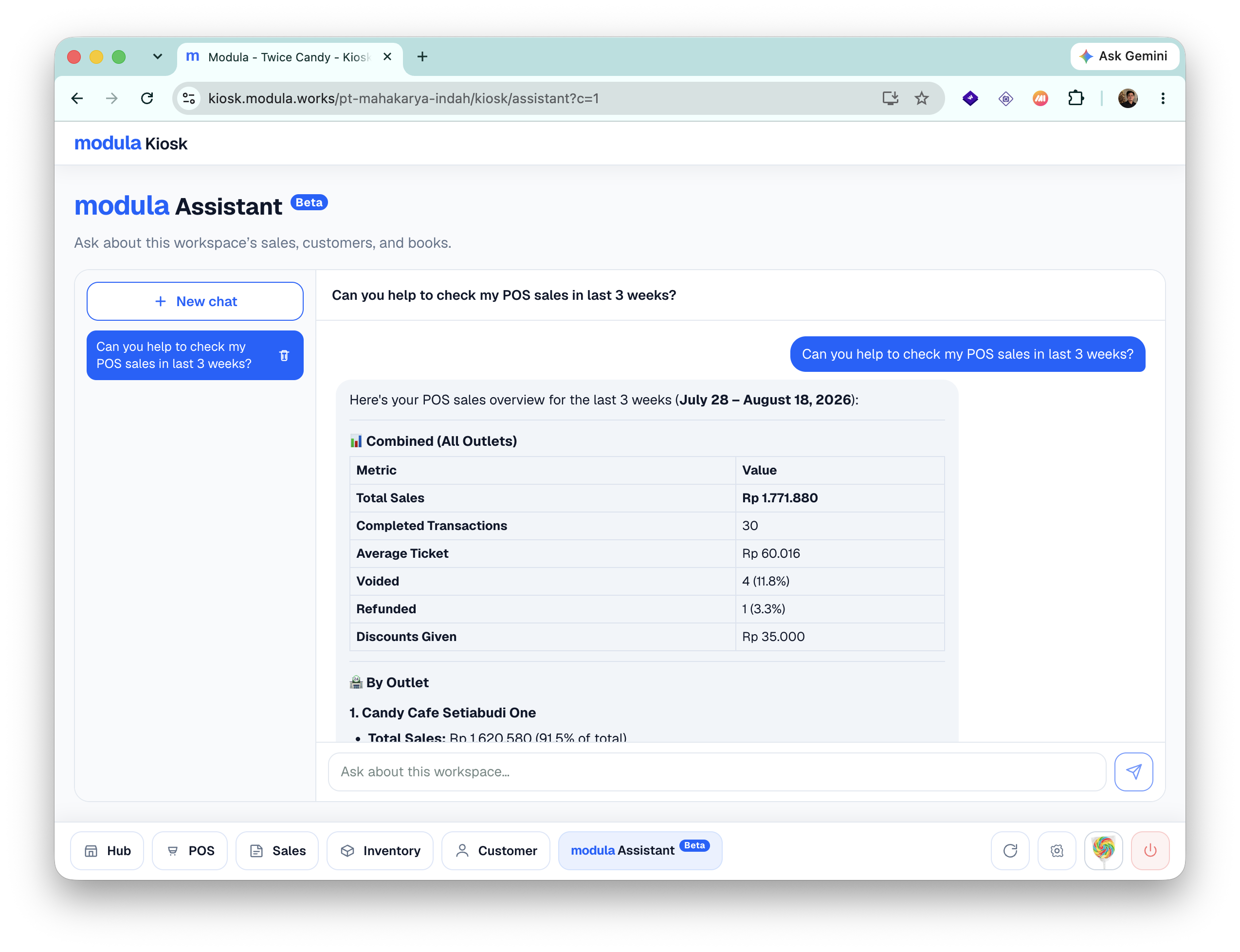 modula Assistant answering a sales pipeline question in a browser